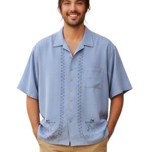 Cubavera Button Camp Shirt Embroidered Martini Cocktail Glasses Blue 3X